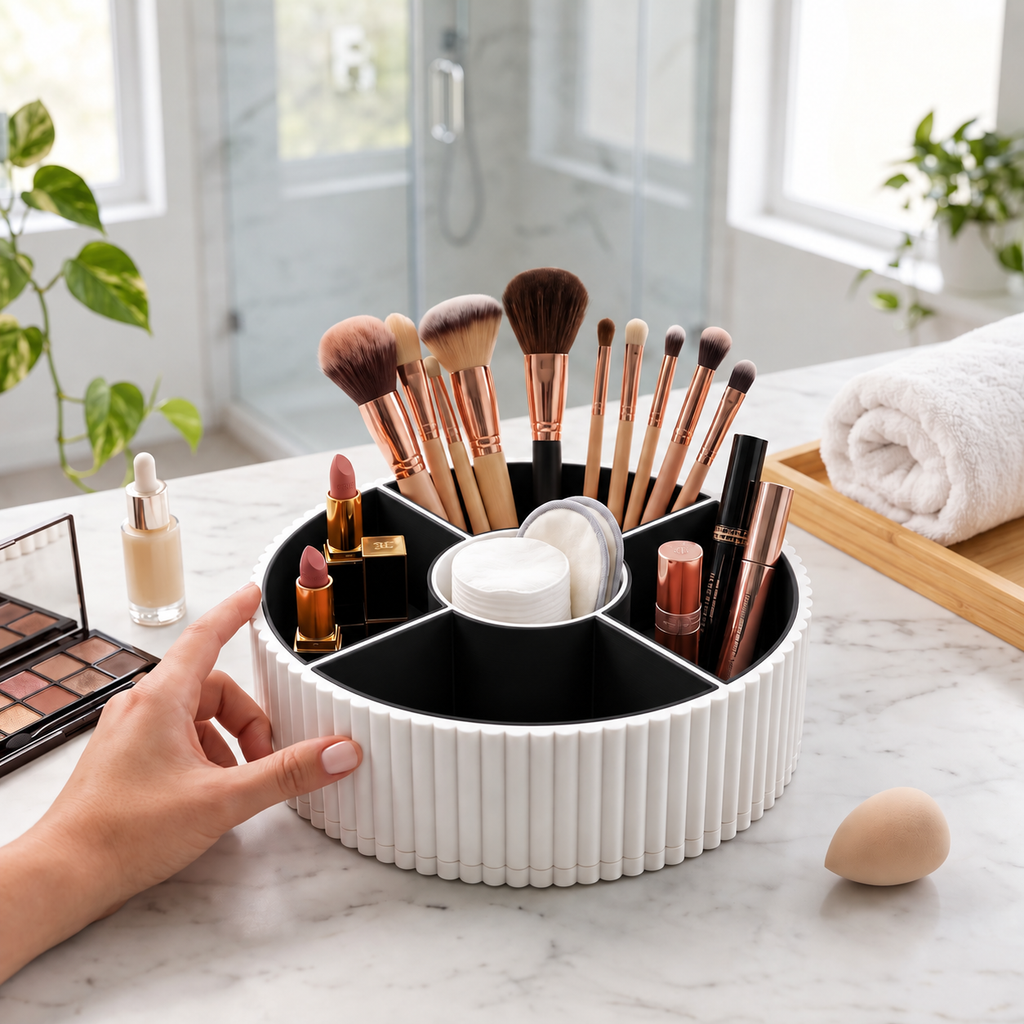Plateau multi-usages rotatif à 360 degrés avec quatre compartiments.
