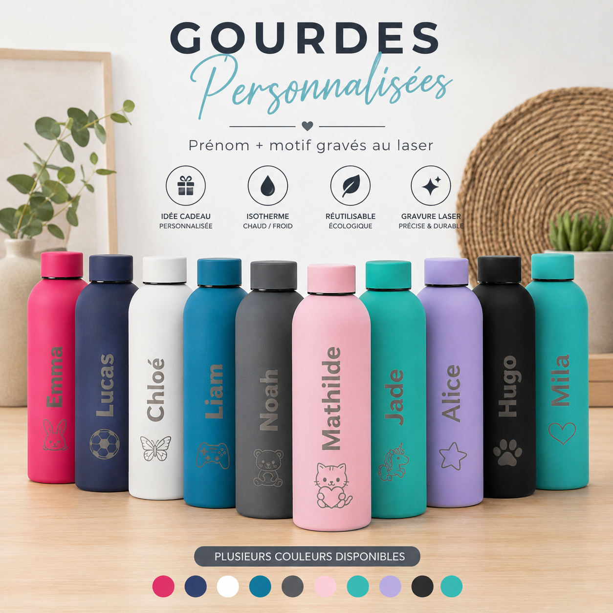 Gourde inox 500 ml personnalisée, Prénom & motif gravés au laser