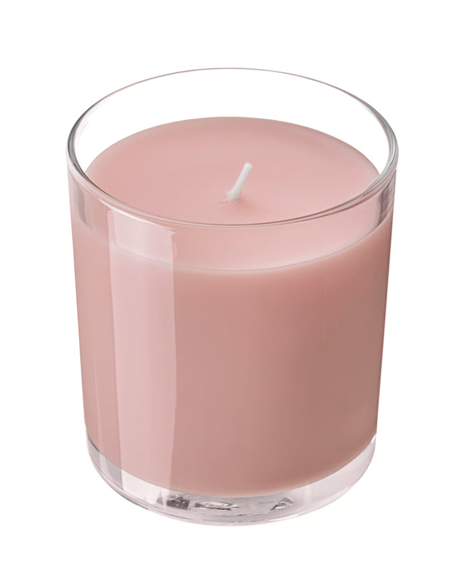 Bougie parfumée dans verre, fruits rouges rose clair
