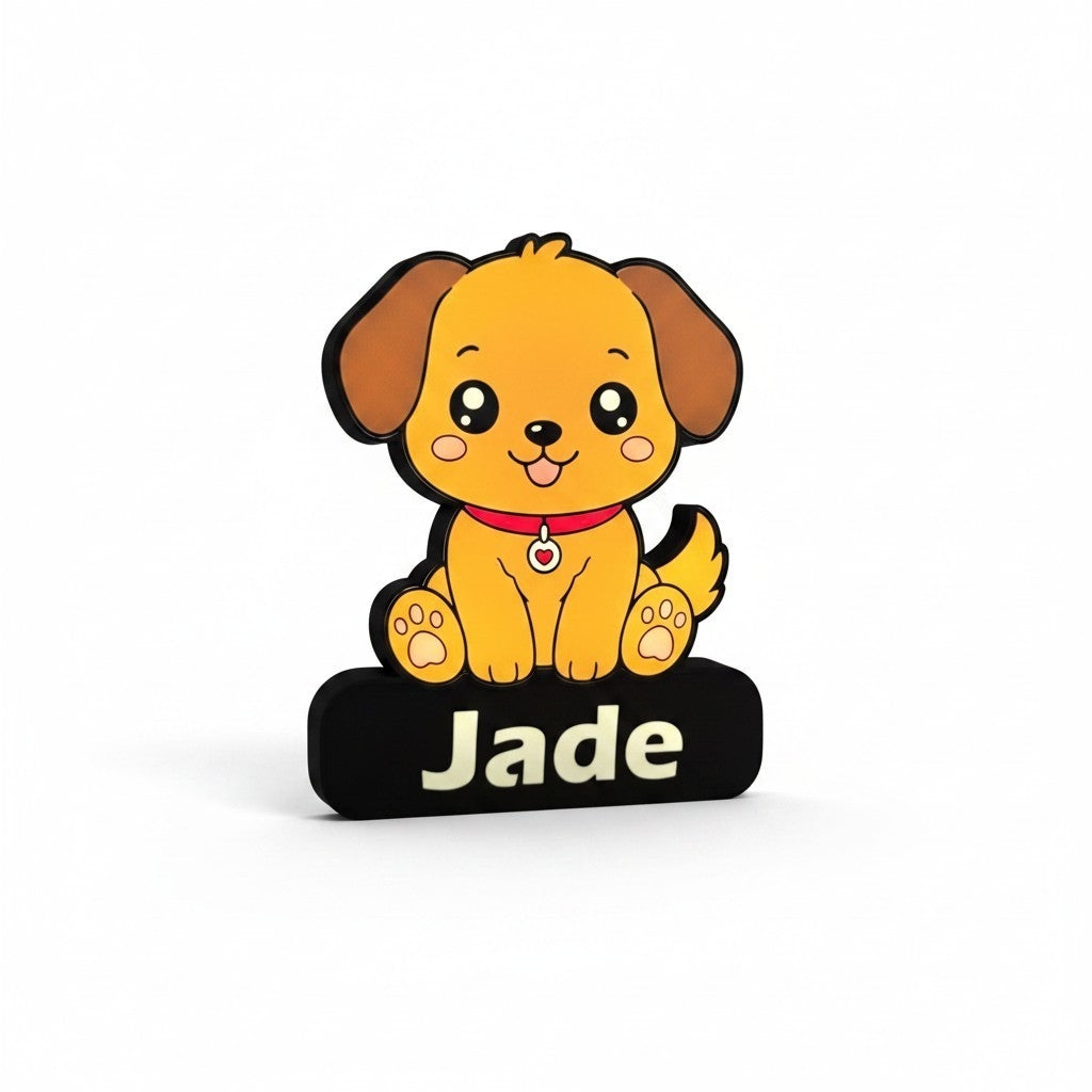 Veilleuse NextLab Studio personnalisée en forme de chiot jaune avec socle noir pour chambre d'enfant