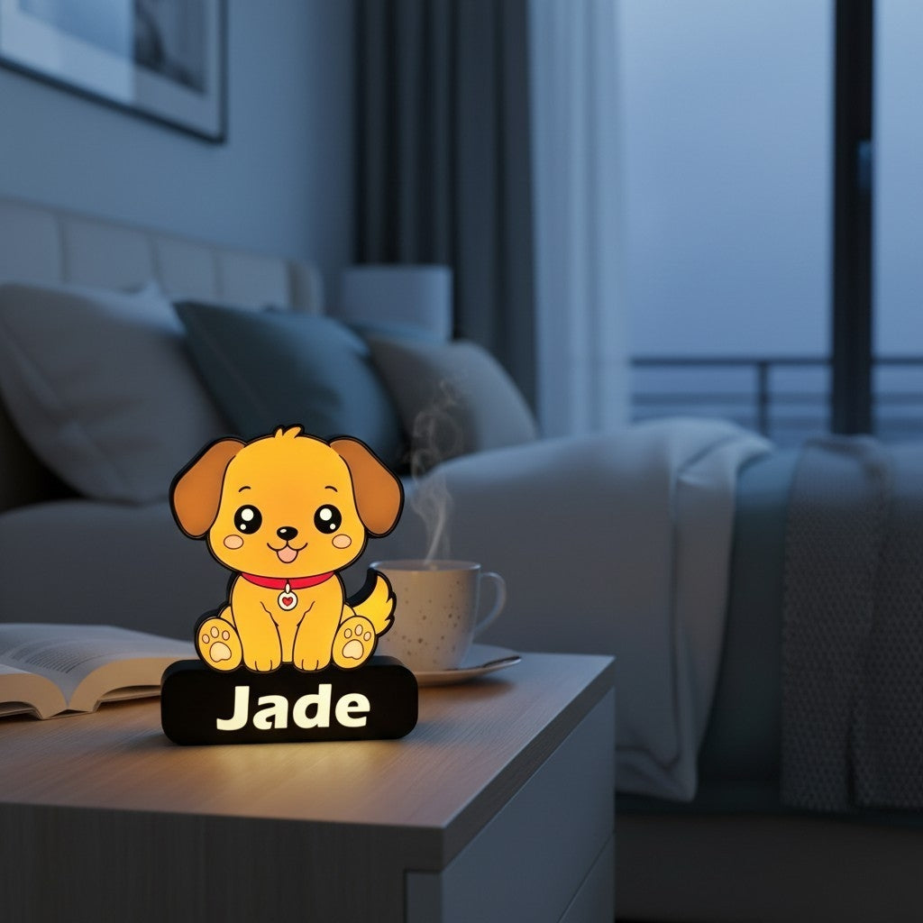 Veilleuse NextLab Studio personnalisée en forme de chiot avec prénom Jade, lumière LED douce sur table de chevet