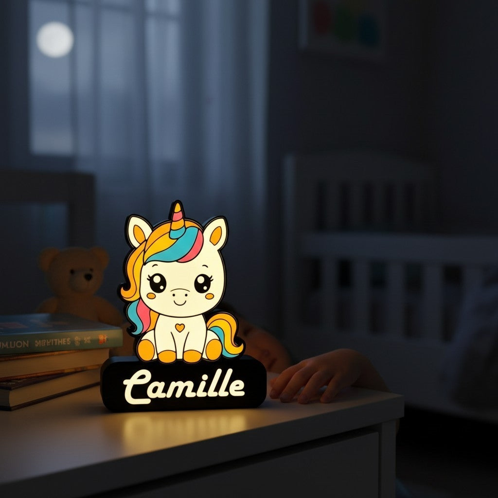 Veilleuse NextLab Studio personnalisée en forme de licorne kawaii avec prénom lumineux sur socle noir pour enfant