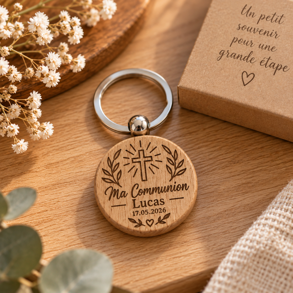 Porte-clés rond en bois personnalisé – Gravure laser