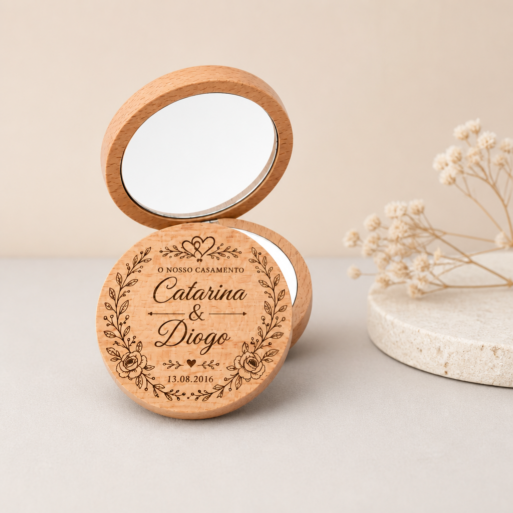 Miroir de poche en bambou personnalisé – Mariage floral V1