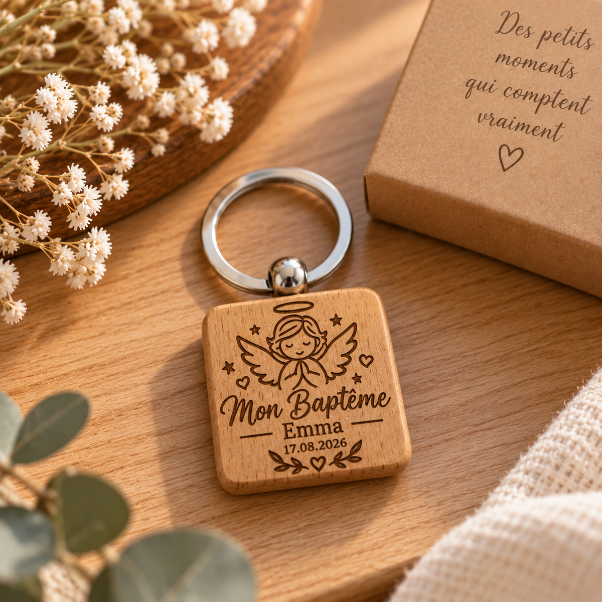 Porte-clés carré en bois personnalisé – Gravure laser