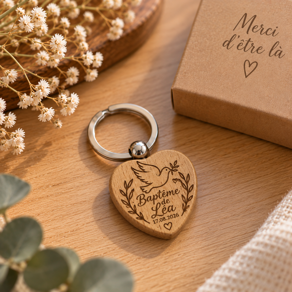 Porte-clés cœur en bois personnalisé – Gravure laser