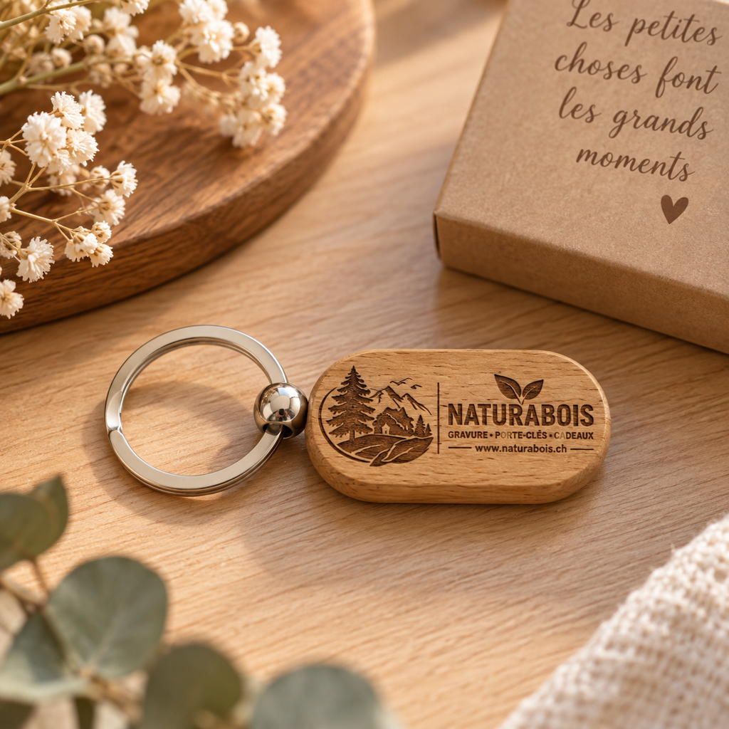 Porte-clés rectangle arrondi en bois personnalisé – Gravure laser